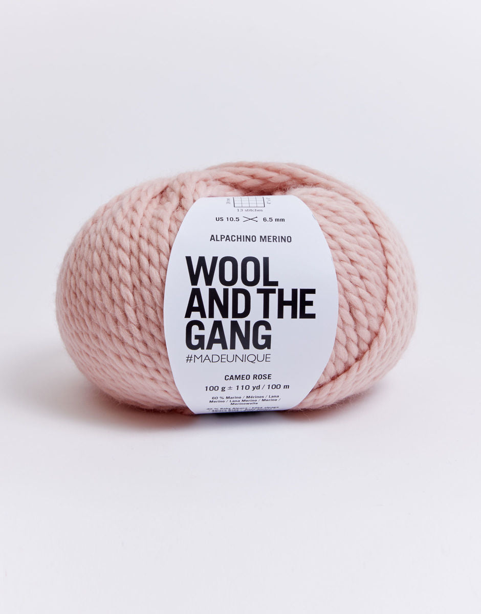 Alpachino Merino, Ball of pink yarn with a 'Wool and the Gang' label on a white background