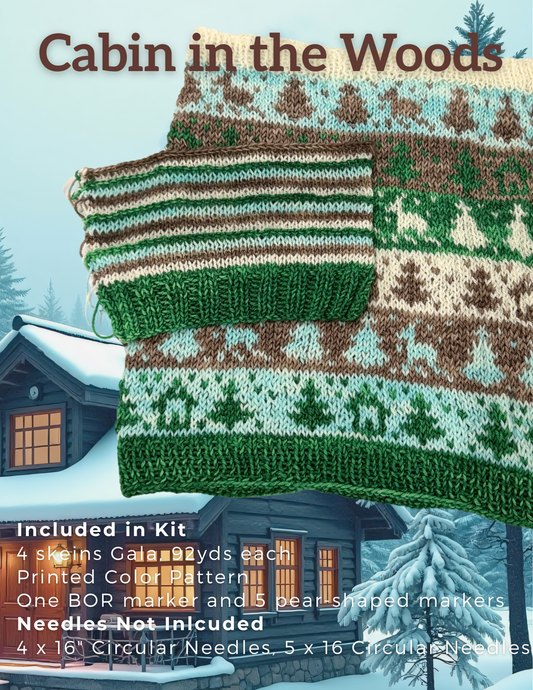 Knitted cowl pattern kit preview titled 'Cabin in the Woods' with a snowy cabin background. The scarf design shows green, brown, cream, and light blue Fair Isle-style stripes and tree motifs.