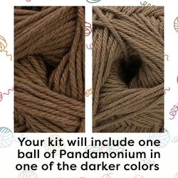 KnittedKnockerrs.org kit, close-up views of a brown Pandamonium yarn ball, with text stating the kit will include one ball in a darker color.