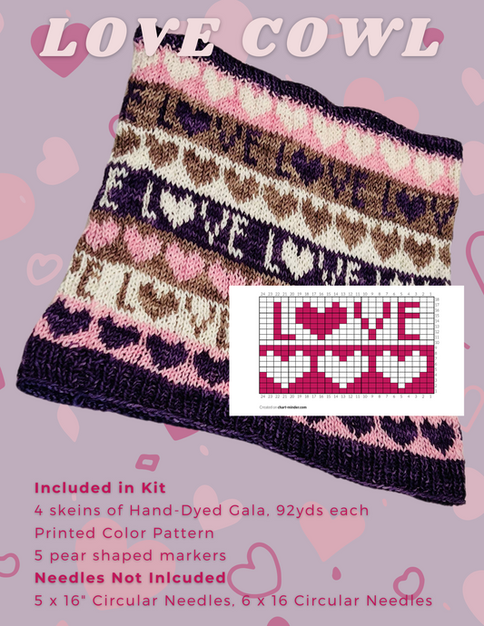 Love Cowl Kit, a knitted cowl with a heart pattern, including a legend for the color sequence and a note stating 'Included in Kit'. The cowl displays shades of pink, purple, and beige.