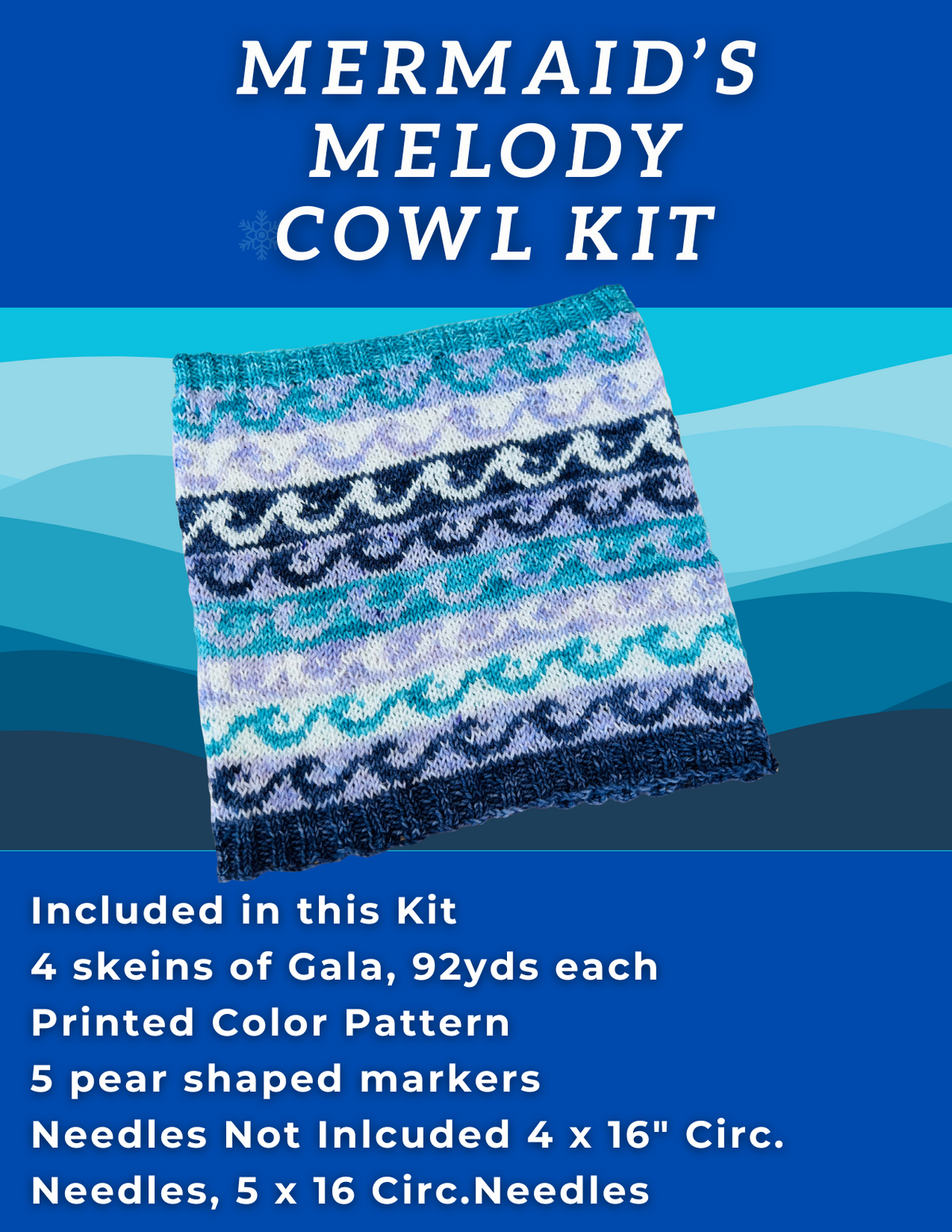 Mermaid's Cowl Kit with yarn pattern on a blue background