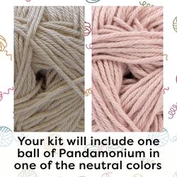 Cascade Pandamonium, one ball of twisted cotton cord yarn shown side by side, one in a light beige neutral color and one in a soft blush pink neutral color, with text below stating the kit will include one ball of Pandamonium in one of the neutral colors.